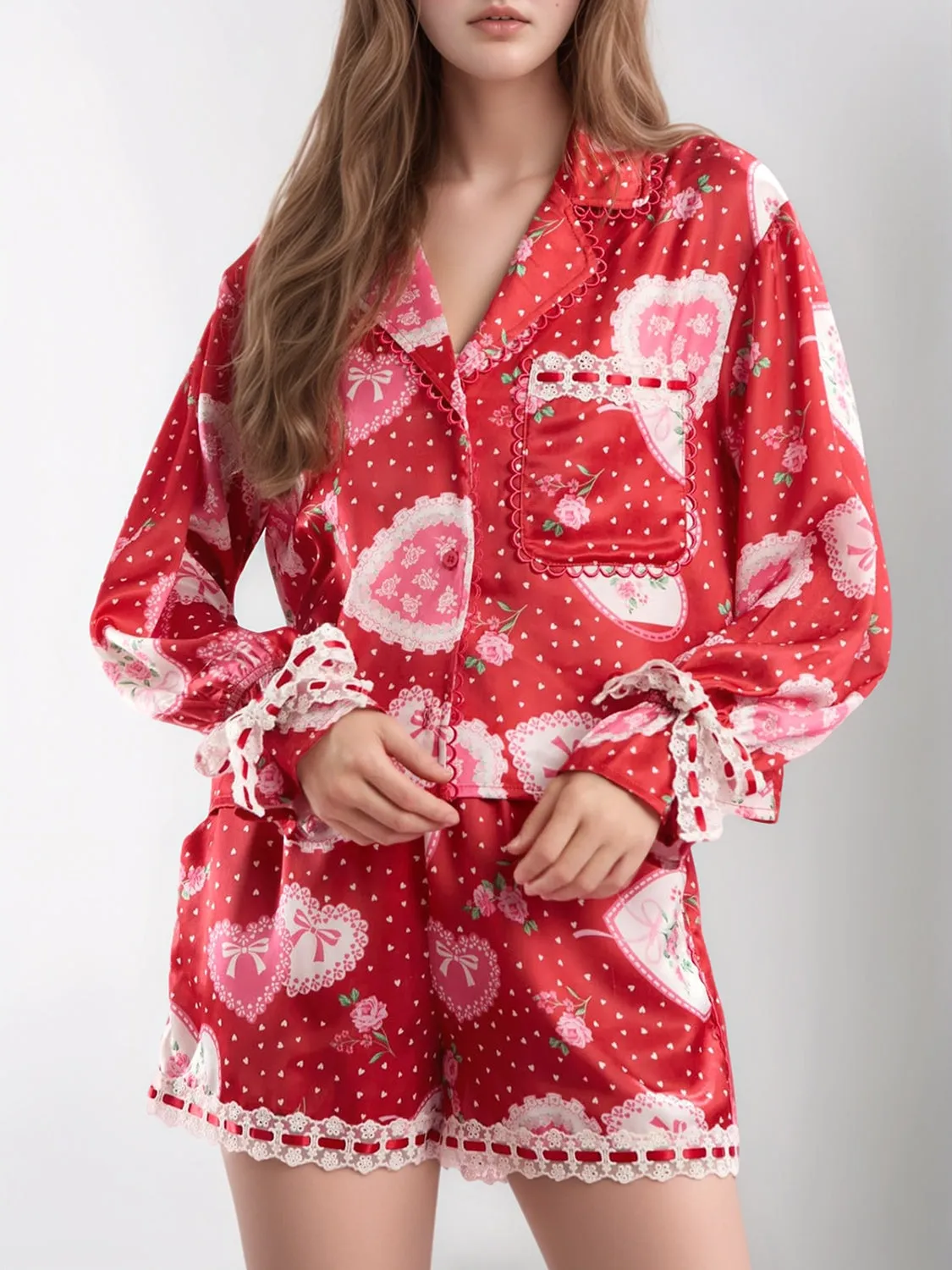 Hazel Blues® |  Valentine’s Day Lace Detail Heart Print Collared Neck Top and Shorts Lounge Set