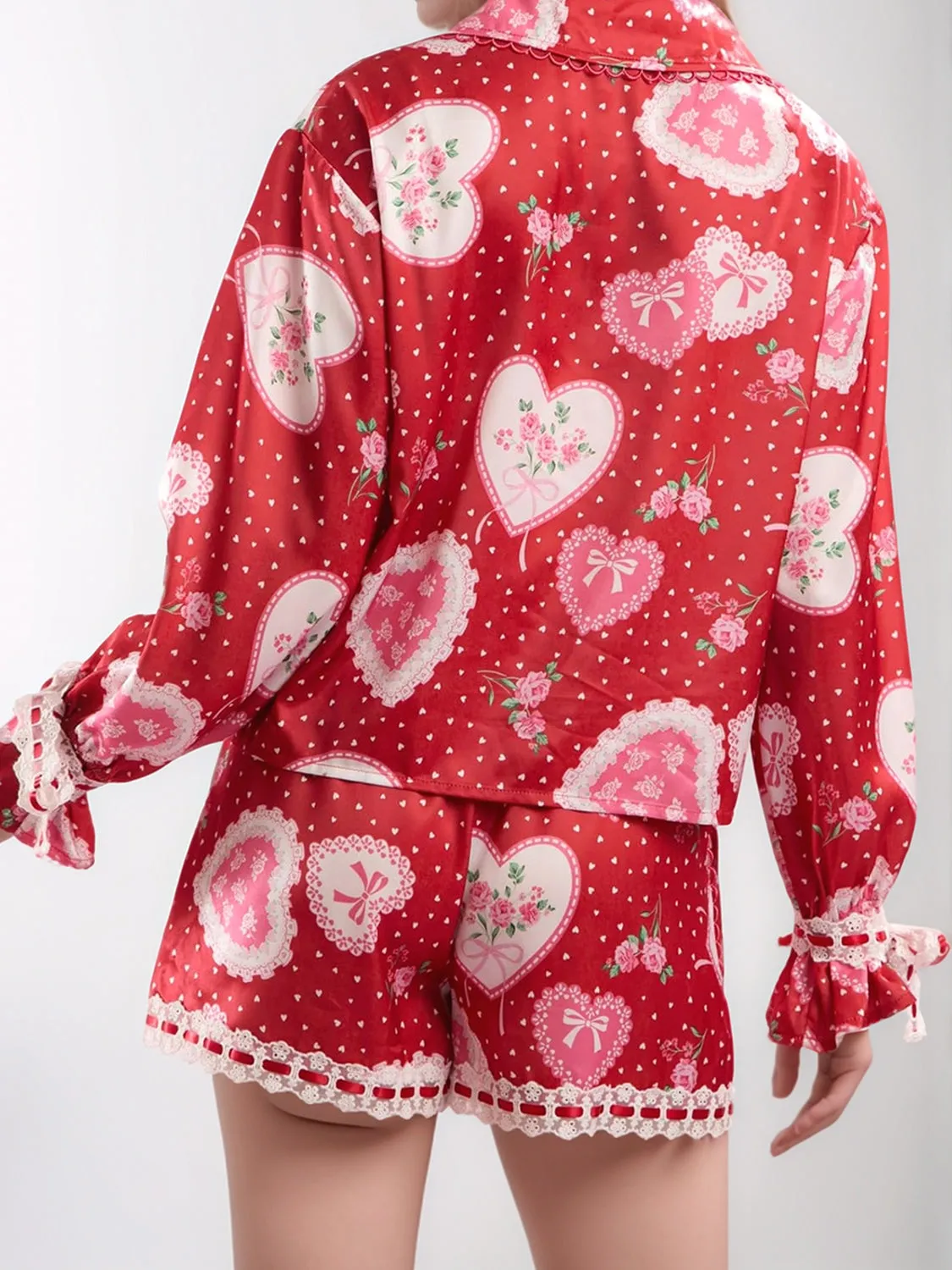 Hazel Blues® |  Valentine’s Day Lace Detail Heart Print Collared Neck Top and Shorts Lounge Set
