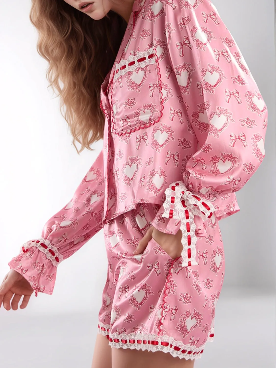 Hazel Blues® |  Valentine’s Day Lace Detail Heart Print Collared Neck Top and Shorts Lounge Set