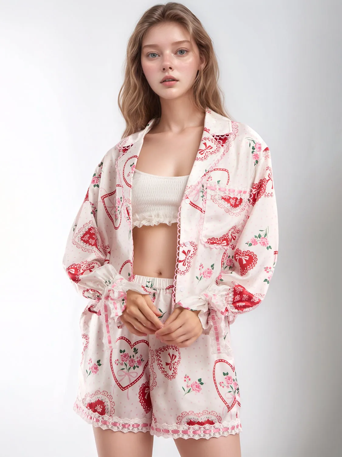 Hazel Blues® |  Valentine’s Day Lace Detail Heart Print Collared Neck Top and Shorts Lounge Set