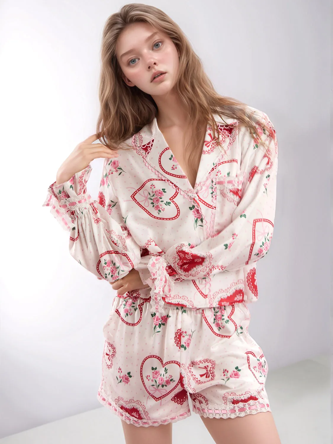 Hazel Blues® |  Valentine’s Day Lace Detail Heart Print Collared Neck Top and Shorts Lounge Set