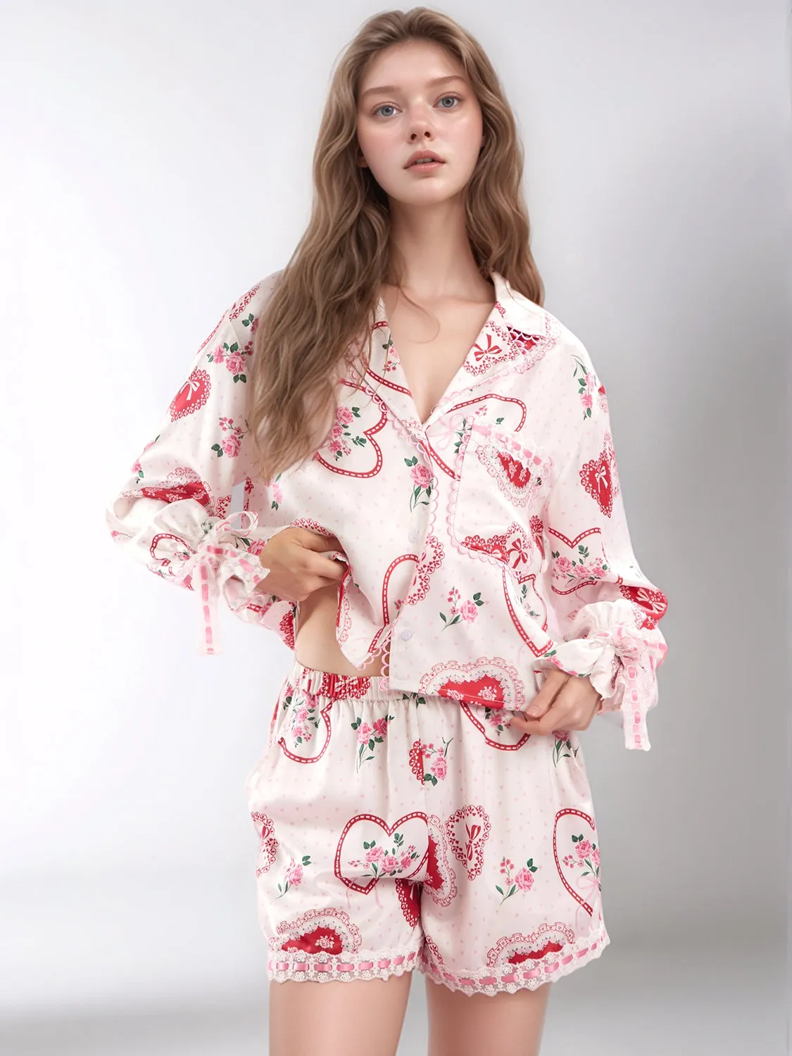 Hazel Blues® |  Valentine’s Day Lace Detail Heart Print Collared Neck Top and Shorts Lounge Set