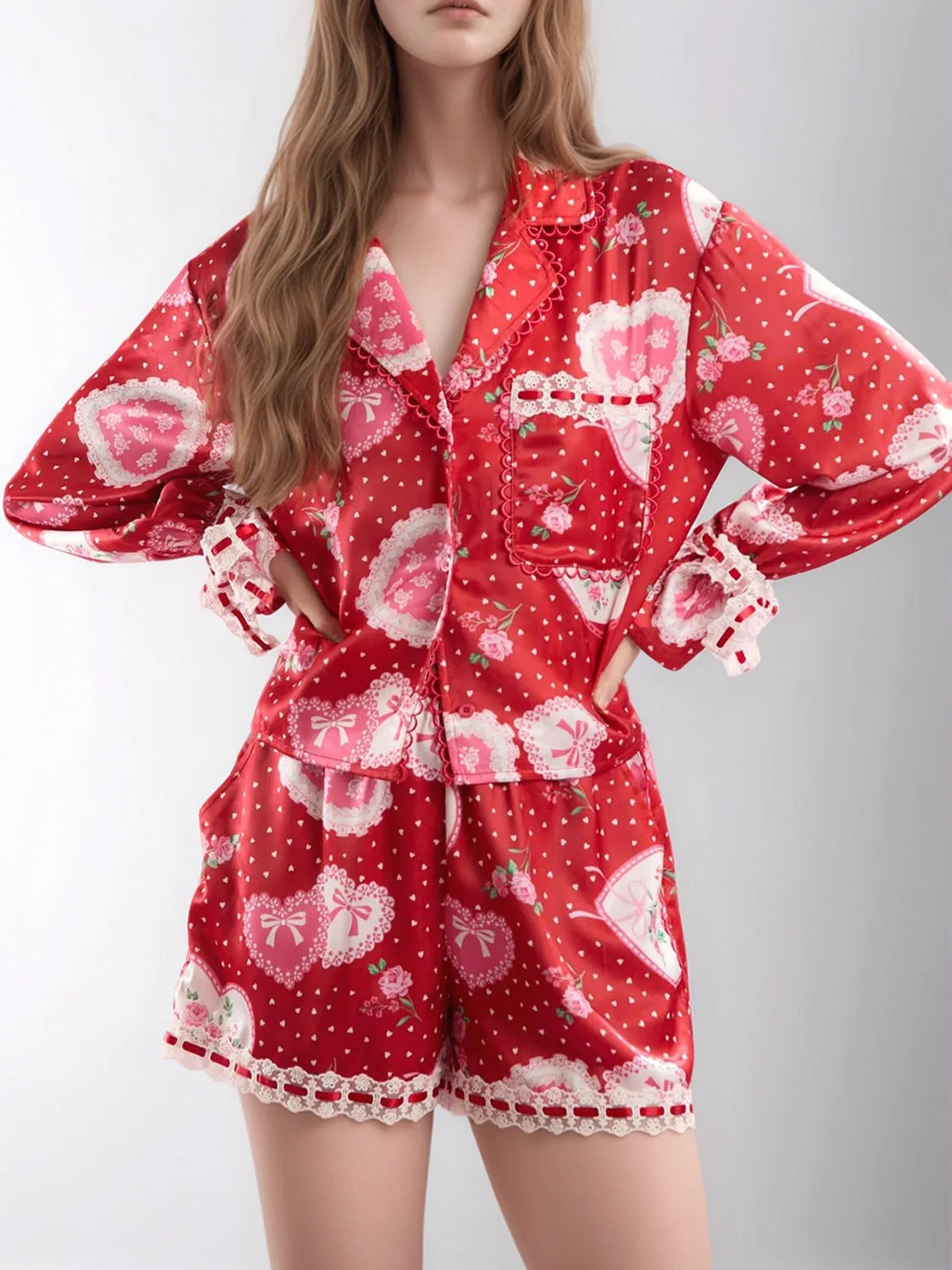 Hazel Blues® |  Valentine’s Day Lace Detail Heart Print Collared Neck Top and Shorts Lounge Set