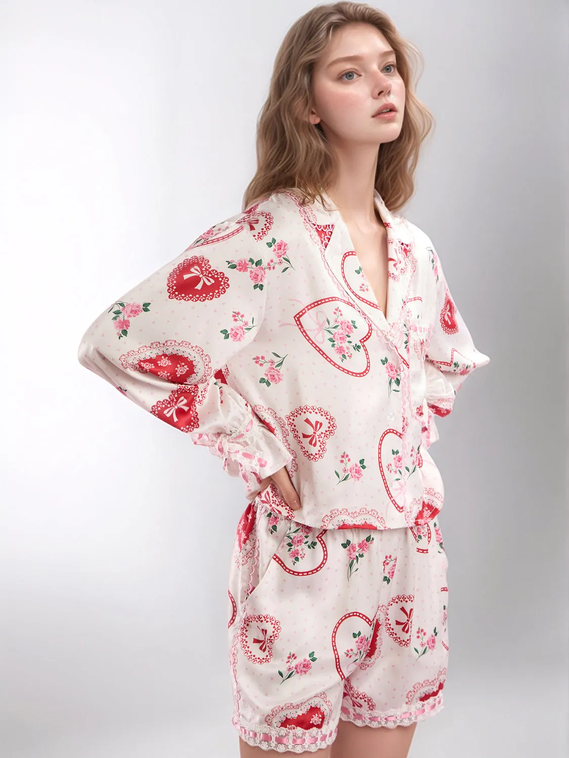 Hazel Blues® |  Valentine’s Day Lace Detail Heart Print Collared Neck Top and Shorts Lounge Set
