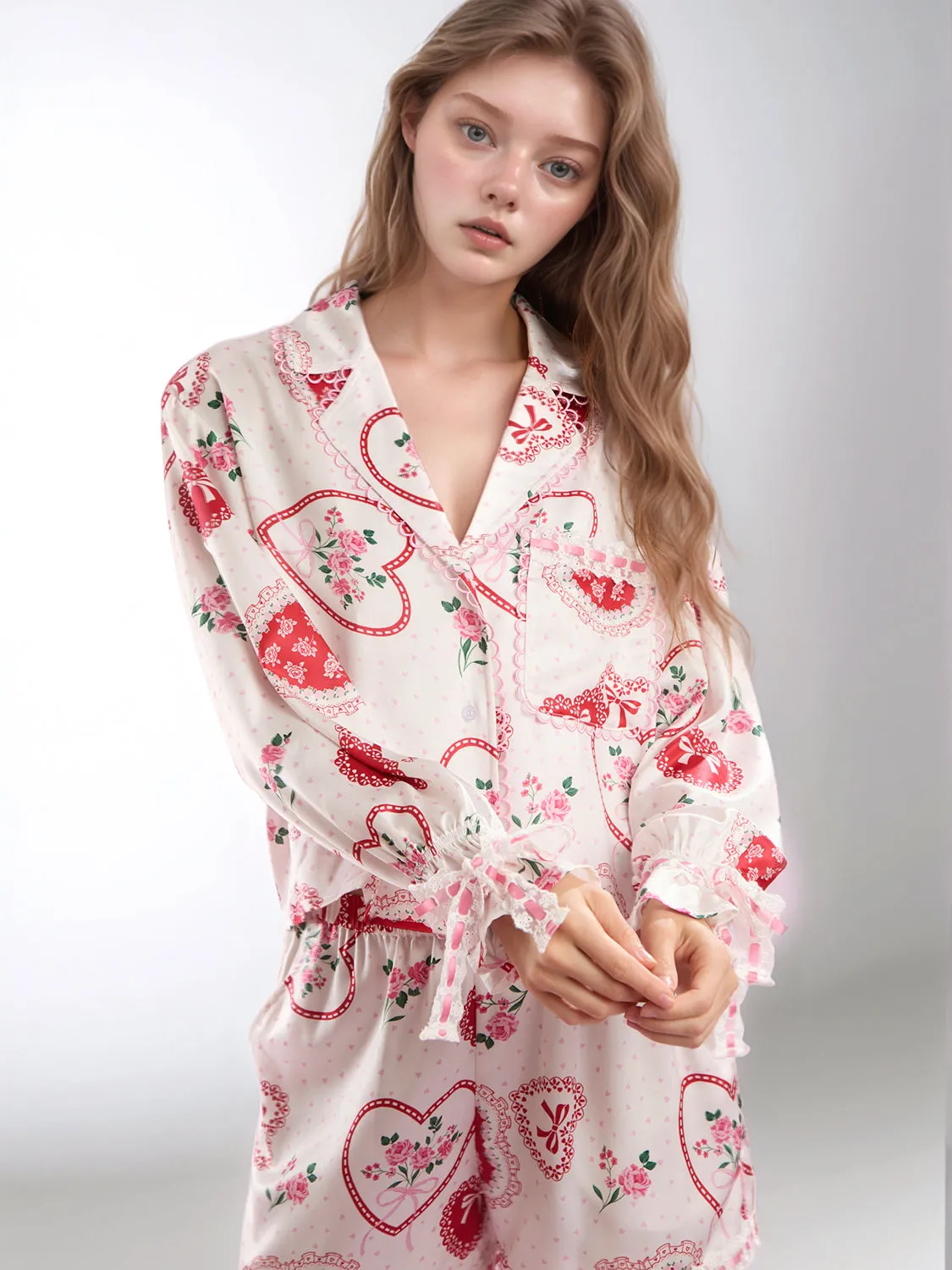 Hazel Blues® |  Valentine’s Day Lace Detail Heart Print Collared Neck Top and Shorts Lounge Set