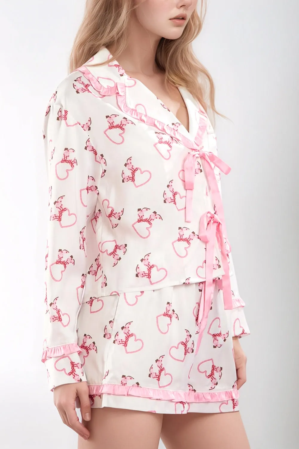 Hazel Blues® |  Valentine’s Day Ribbon Tied Printed Long Sleeve Top and Shorts Lounge Set