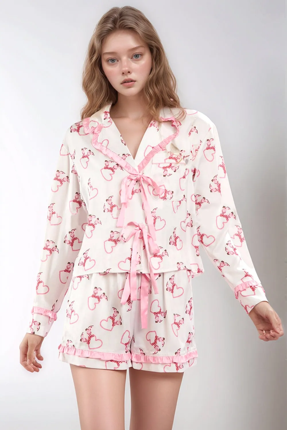 Hazel Blues® |  Valentine’s Day Ribbon Tied Printed Long Sleeve Top and Shorts Lounge Set