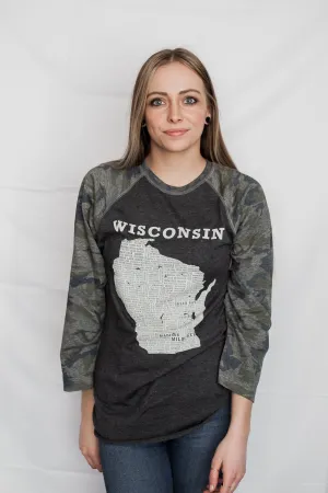 Hometown Wisconsin Baseball Tee - Smoke/Camo or Vintage Heather/Red