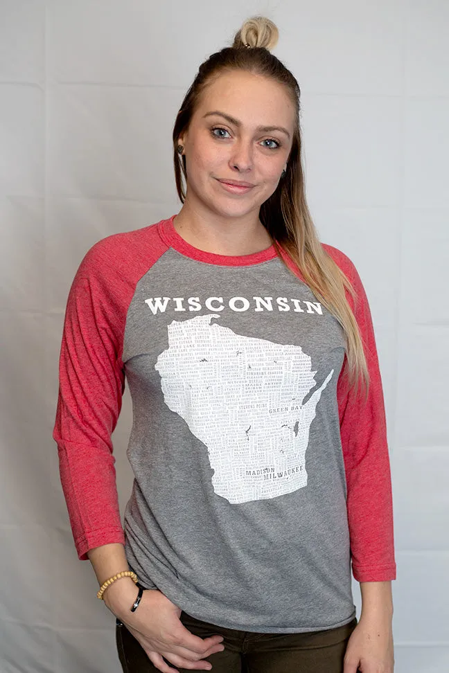 Hometown Wisconsin Baseball Tee - Smoke/Camo or Vintage Heather/Red