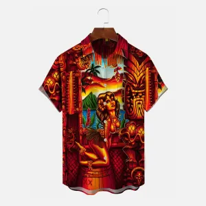 Indian Retro Stone Statue Tiki Button Pocket Casual Short Sleeve Shirt