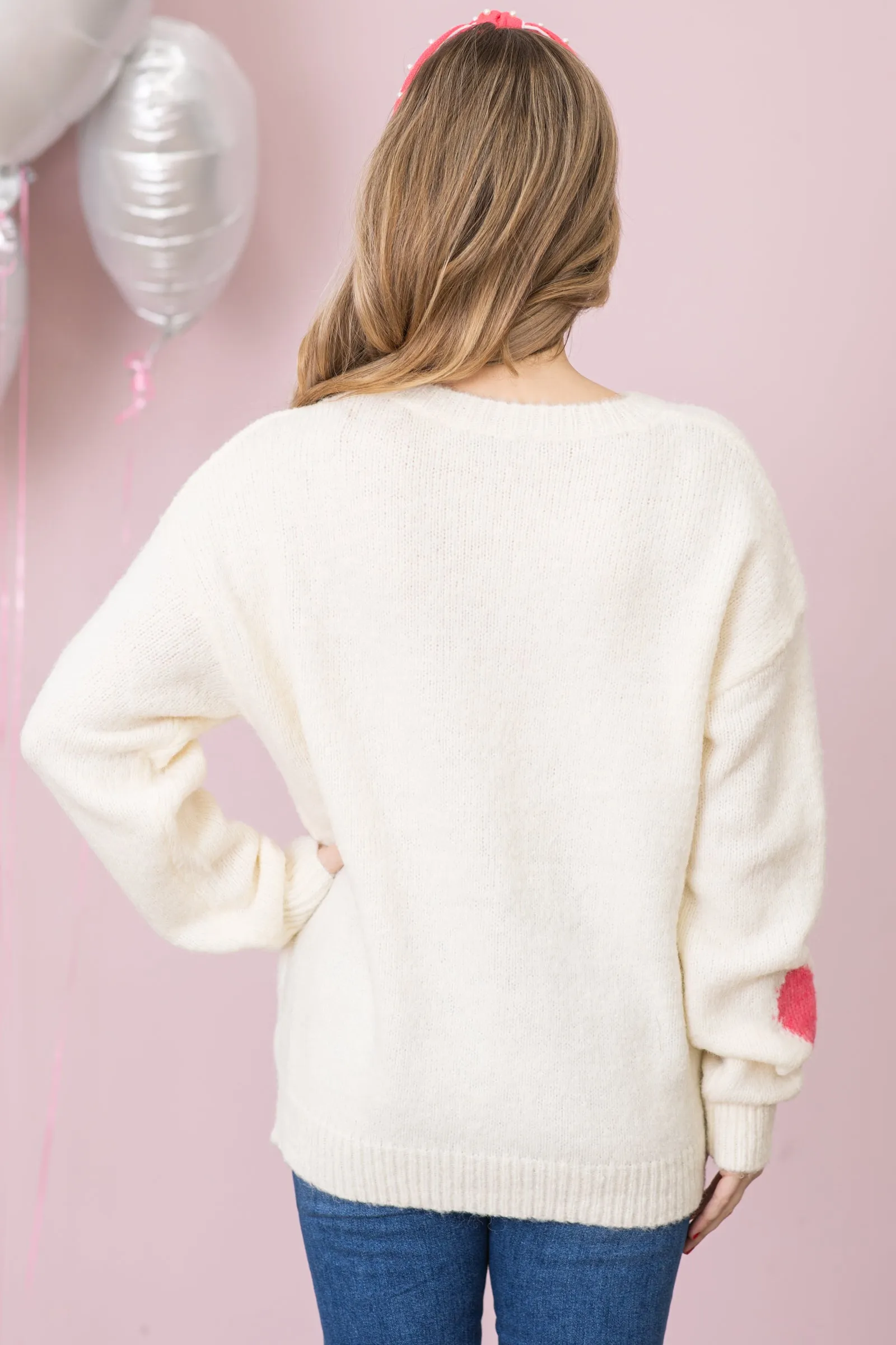 Ivory and Pink Heart Pattern Sweater