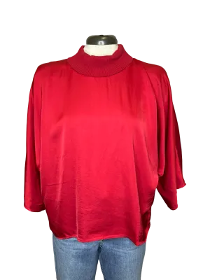 Jonah Satin Batwing Top with Ribbed Neck Red