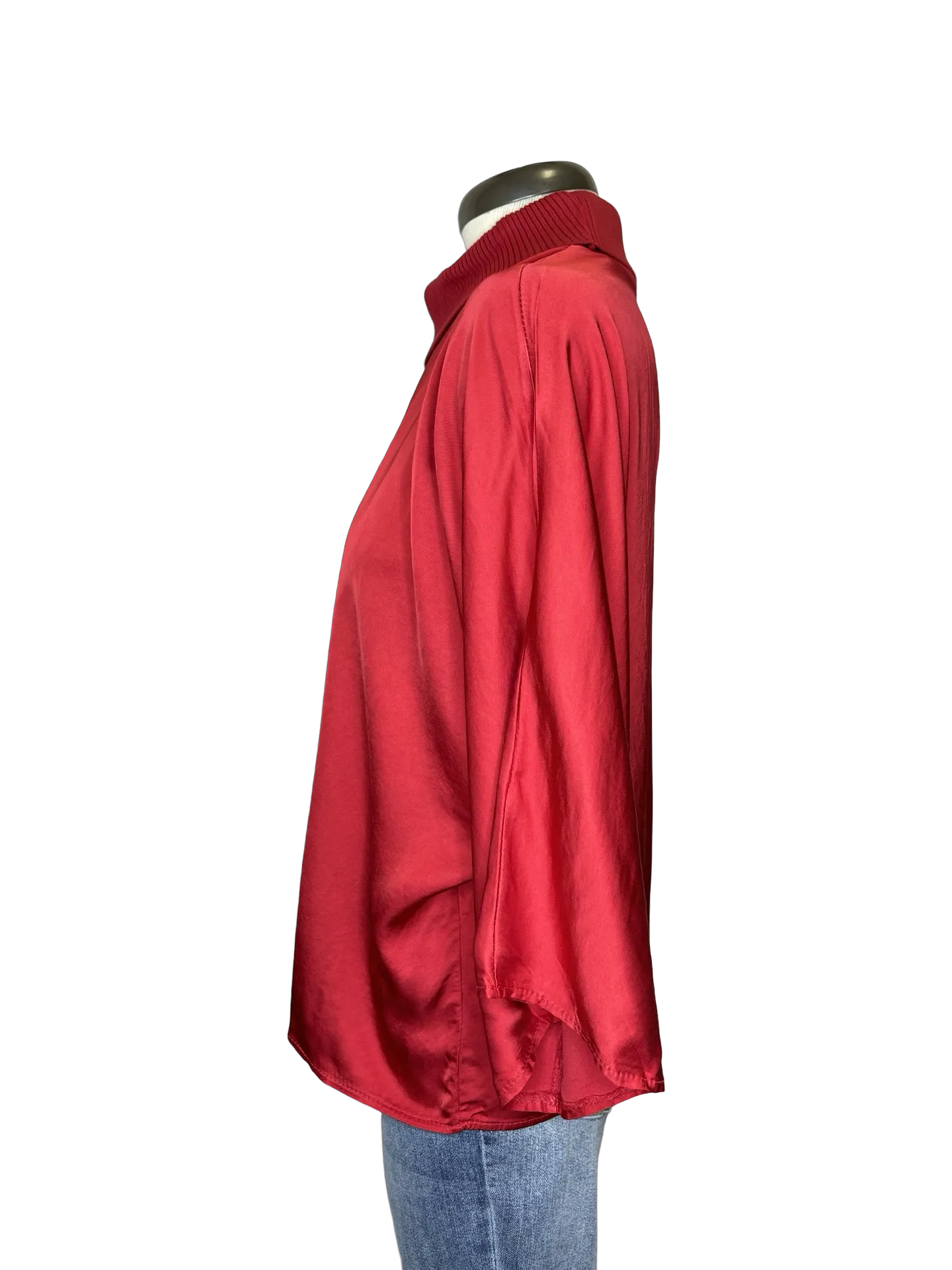 Jonah Satin Batwing Top with Ribbed Neck Red