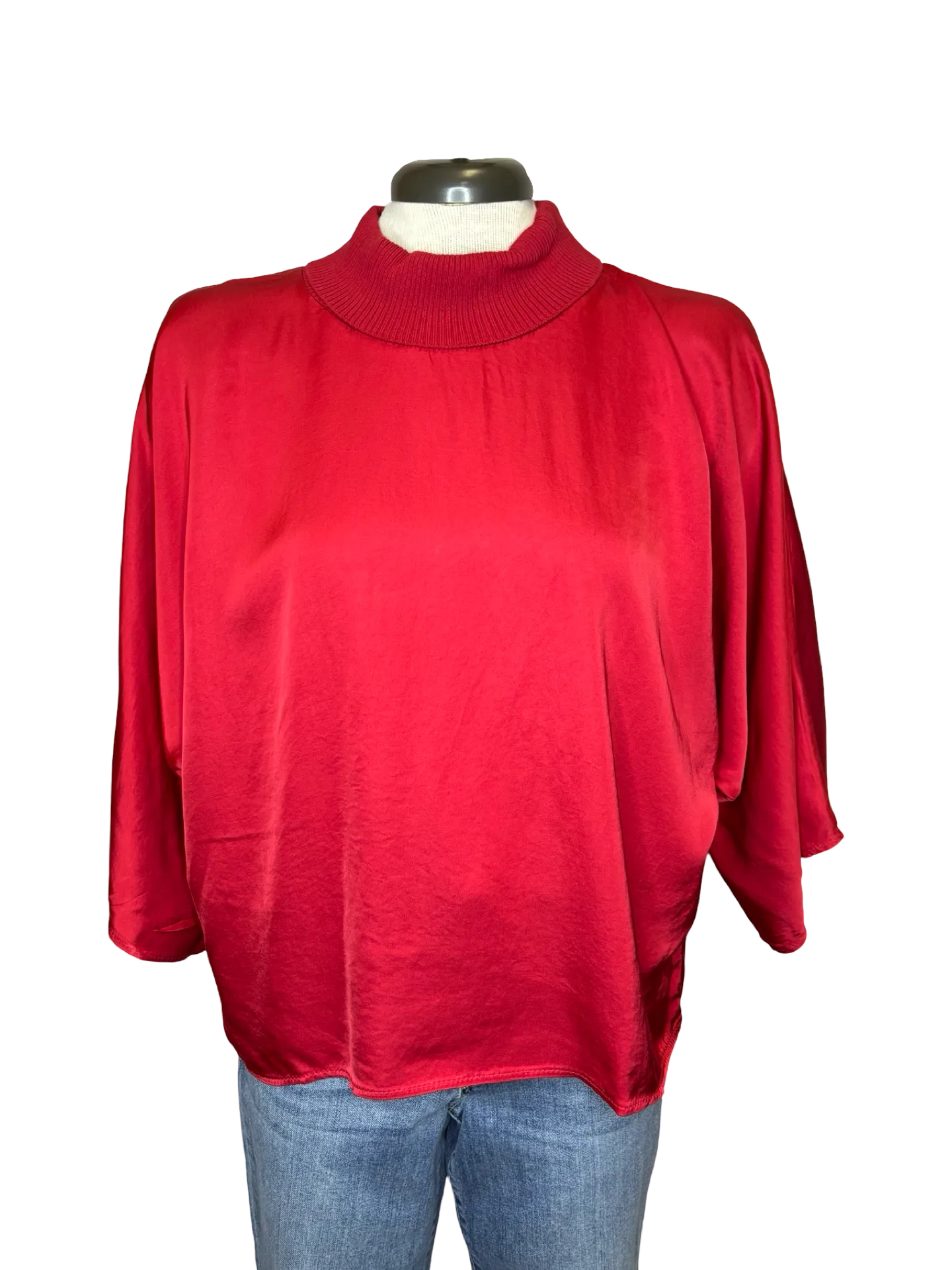 Jonah Satin Batwing Top with Ribbed Neck Red