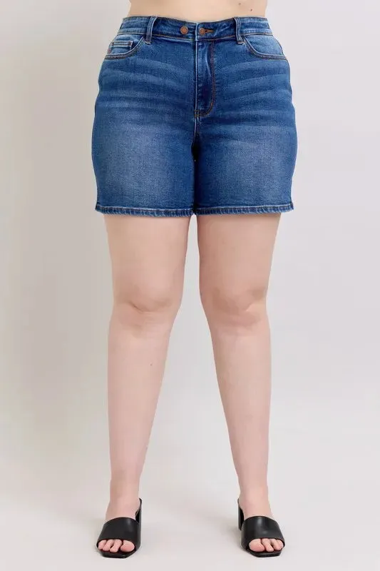 Judy Blue Full Size 2 Button Mid Length Dad Denim Shorts