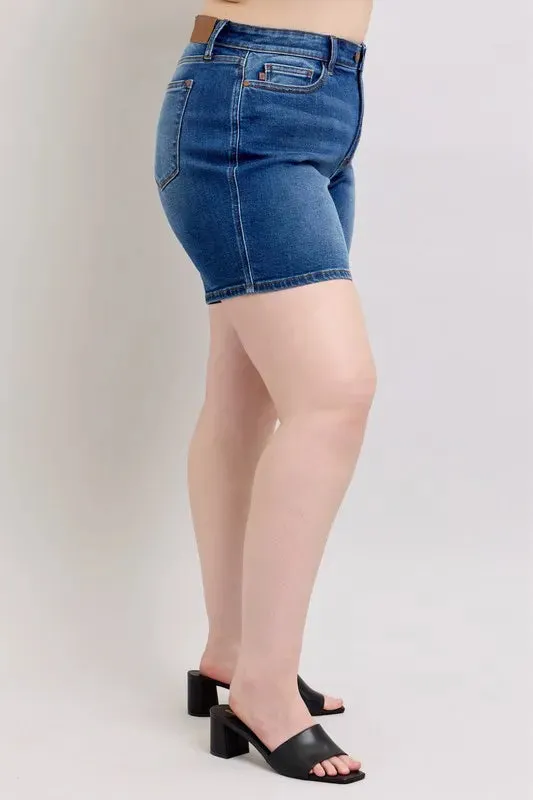 Judy Blue Full Size 2 Button Mid Length Dad Denim Shorts