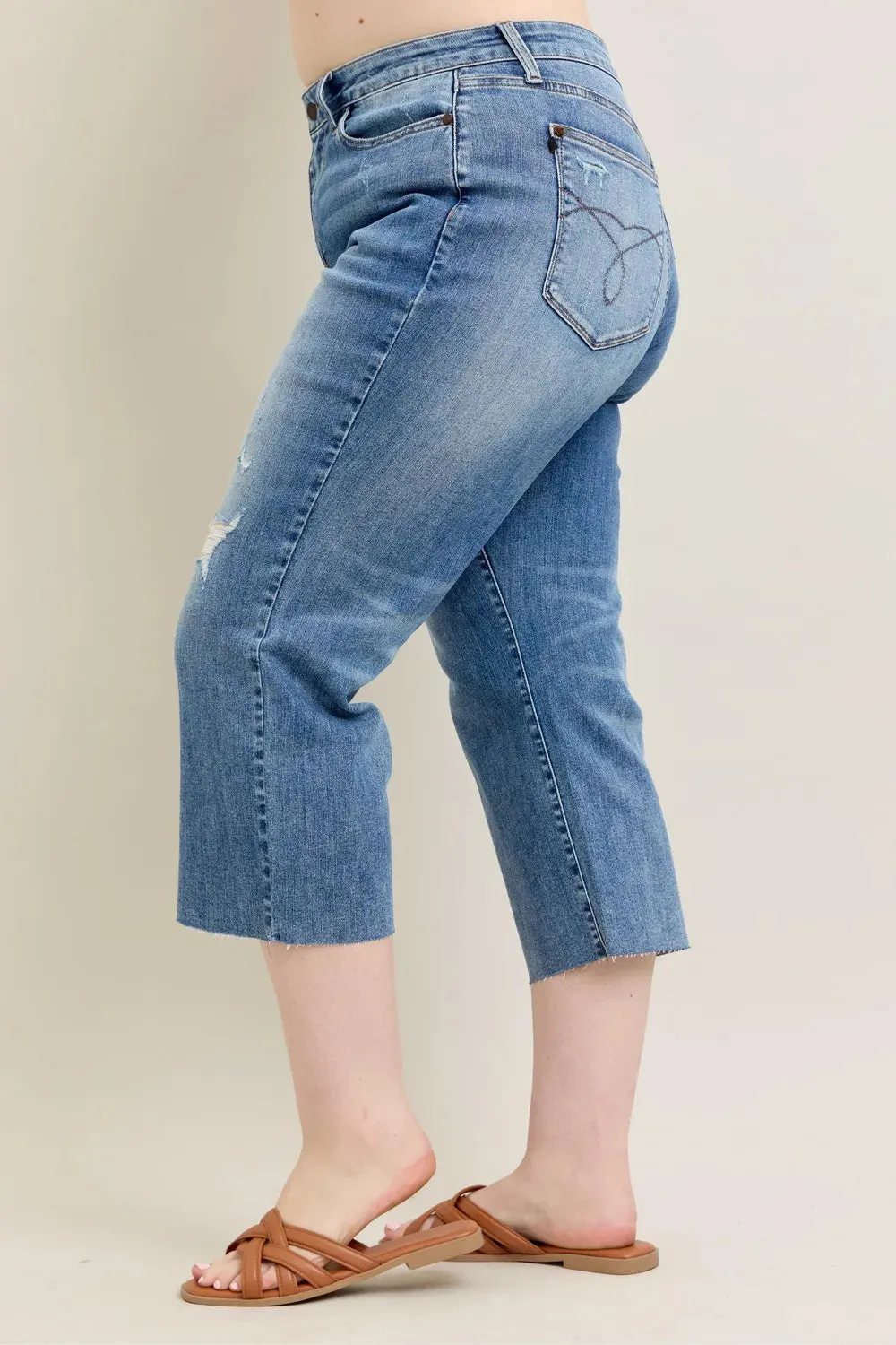 Judy Blue Plus Size High Waist Back Destroy & Raw Cut Hem Crop Wide