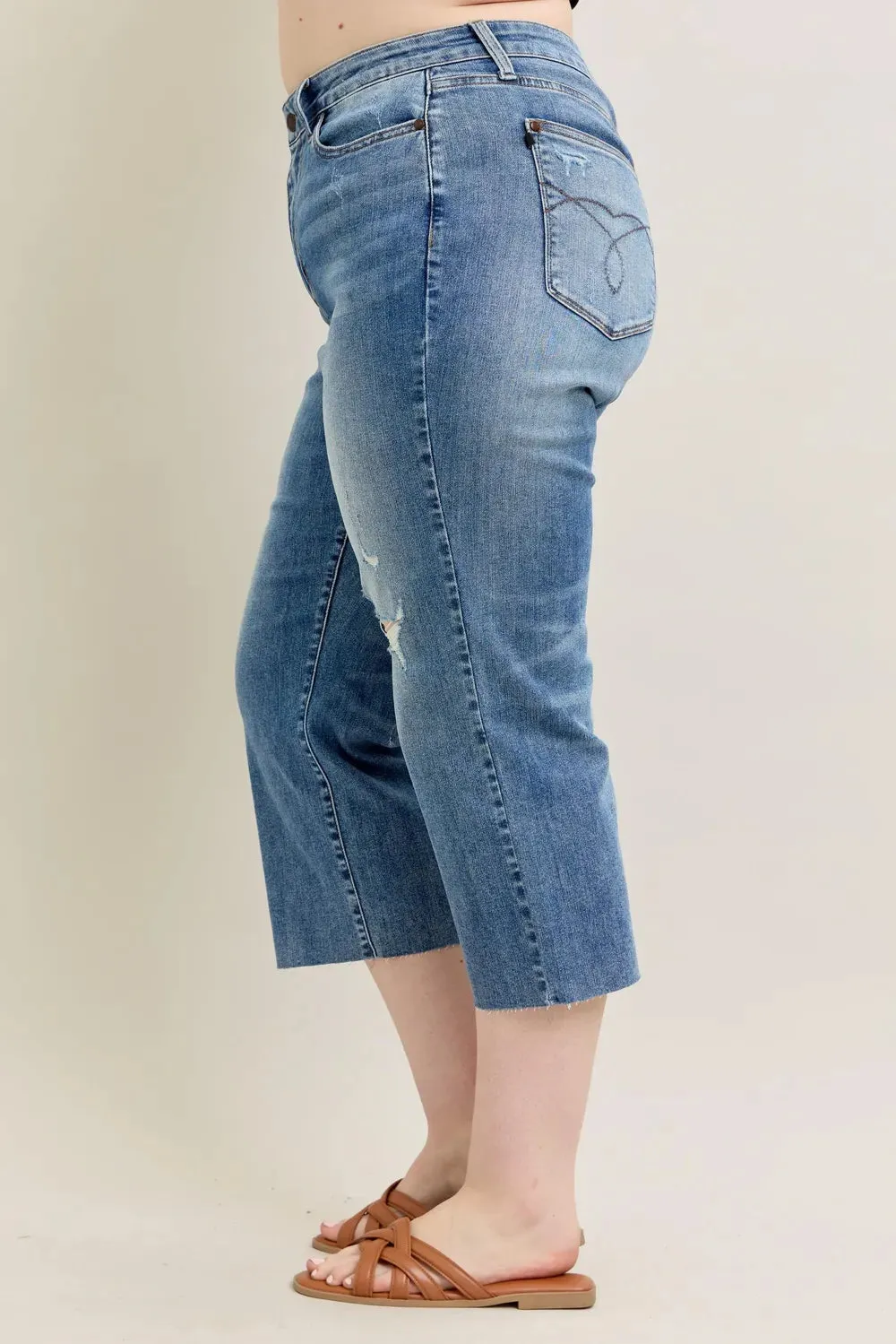 Judy Blue Plus Size High Waist Back Destroy & Raw Cut Hem Crop Wide