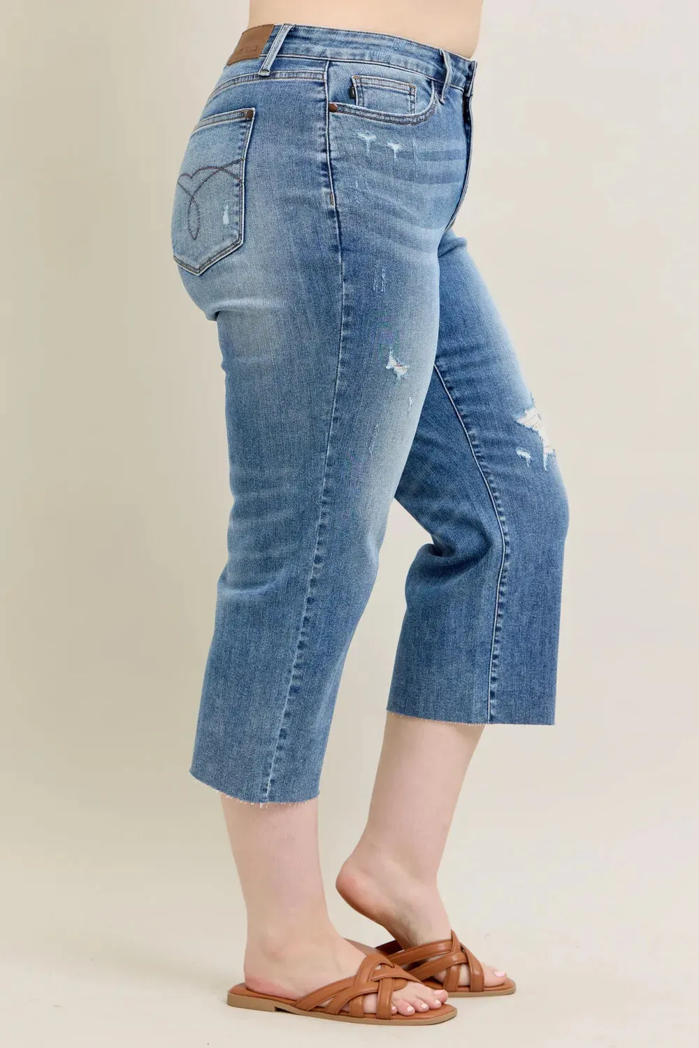 Judy Blue Plus Size High Waist Back Destroy & Raw Cut Hem Crop Wide