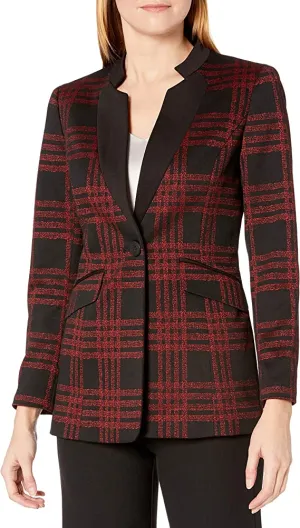 Kasper Women's 1 Button Stand Collar Large Windowpane Jacket, Fire Red Multi, 12