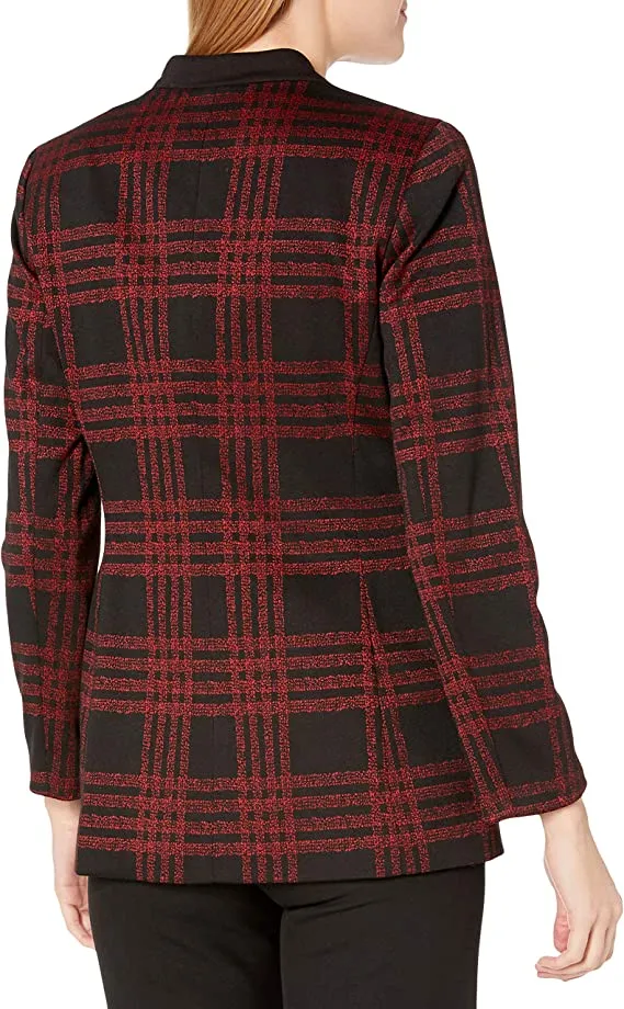 Kasper Women's 1 Button Stand Collar Large Windowpane Jacket, Fire Red Multi, 12