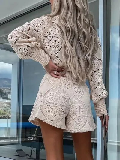 Lace Button Detail Long Sleeve Top and Shorts Set