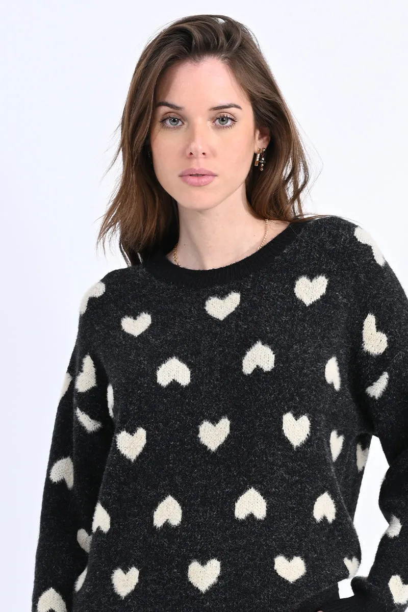 Ladies Heart Patterned Knitted Sweater