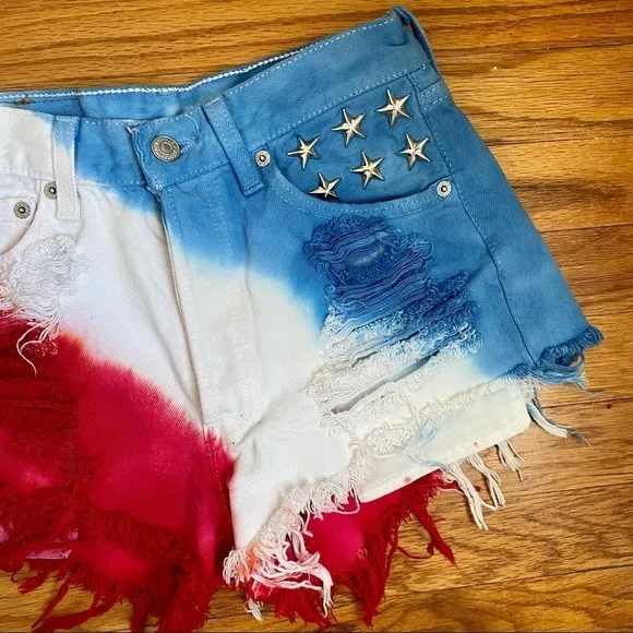 Levi's 501 High-Rise Tie-Dye Denim Shorts - Red White Blue with Star Studs