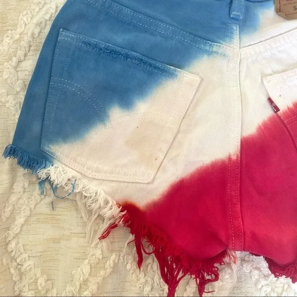 Levi's 501 High-Rise Tie-Dye Denim Shorts - Red White Blue with Star Studs