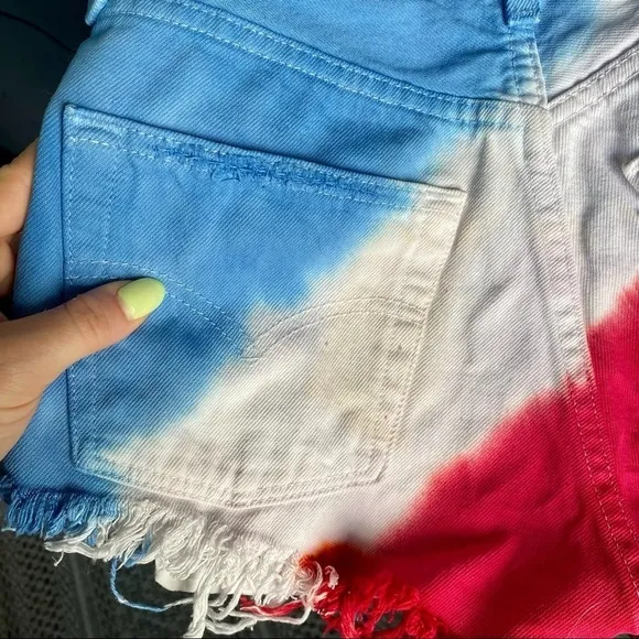 Levi's 501 High-Rise Tie-Dye Denim Shorts - Red White Blue with Star Studs
