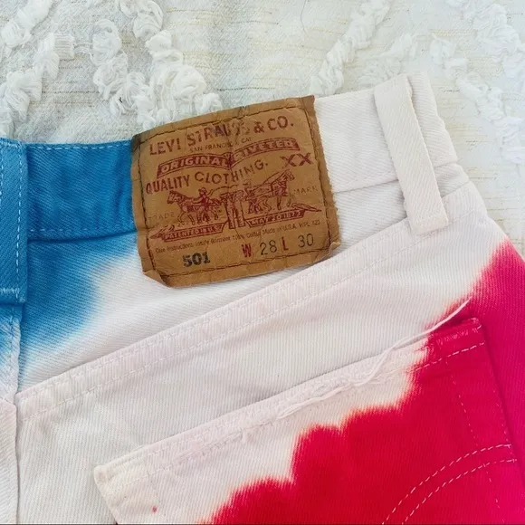 Levi's 501 High-Rise Tie-Dye Denim Shorts - Red White Blue with Star Studs