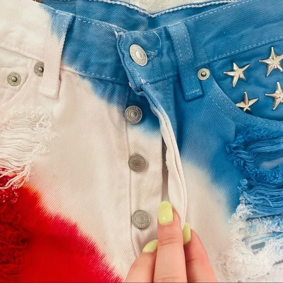 Levi's 501 High-Rise Tie-Dye Denim Shorts - Red White Blue with Star Studs