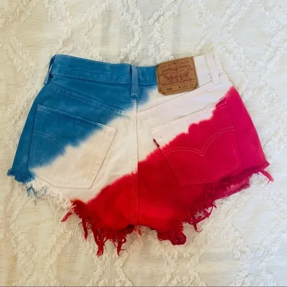 Levi's 501 High-Rise Tie-Dye Denim Shorts - Red White Blue with Star Studs