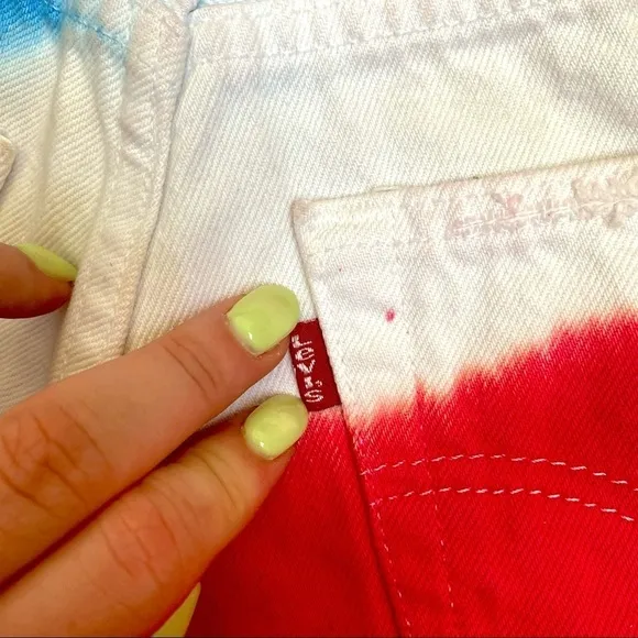 Levi's 501 High-Rise Tie-Dye Denim Shorts - Red White Blue with Star Studs