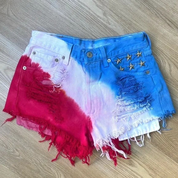 Levi's 501 High-Rise Tie-Dye Denim Shorts - Red White Blue with Star Studs