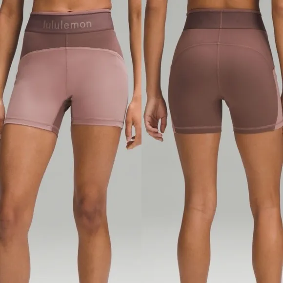 LULULEMON Logo Waistband Everlux Train Short 4” Spellout Mauve Pink Rose Size 6