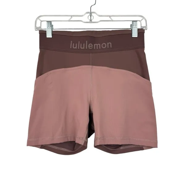 LULULEMON Logo Waistband Everlux Train Short 4” Spellout Mauve Pink Rose Size 6