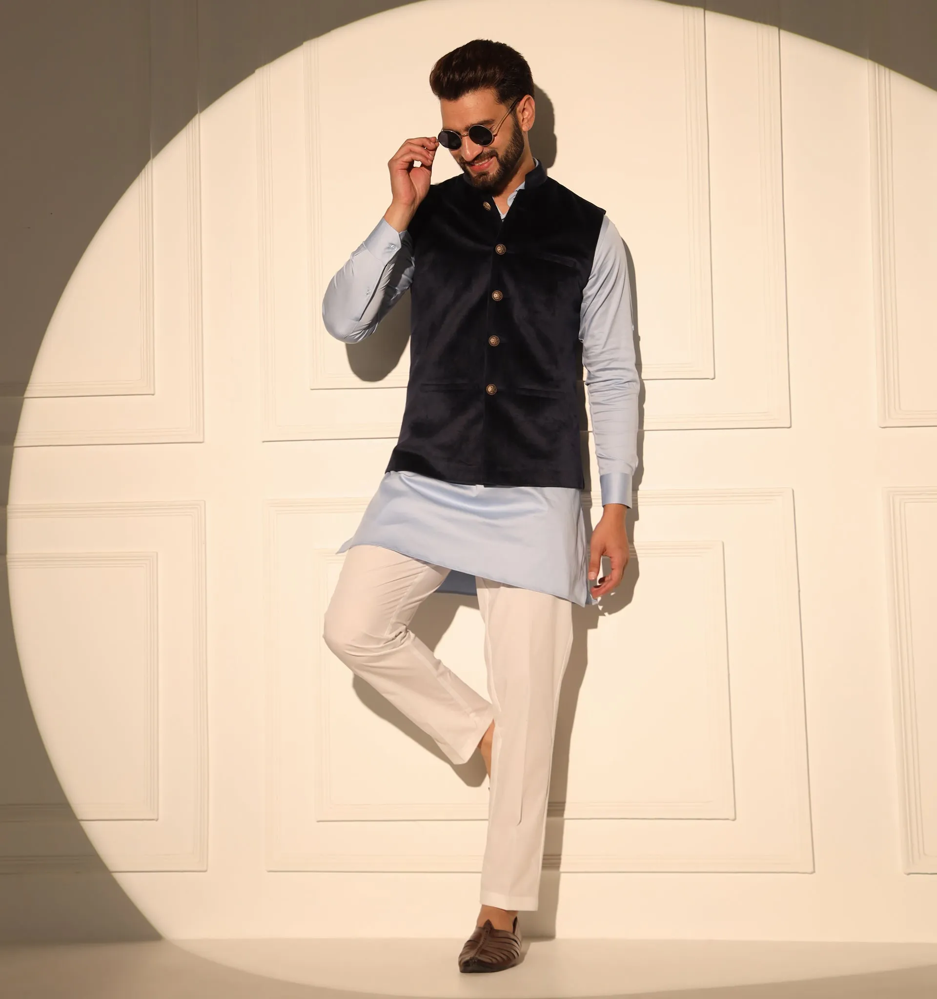 Maurya Navy Blue Velvet Nehru Jacket