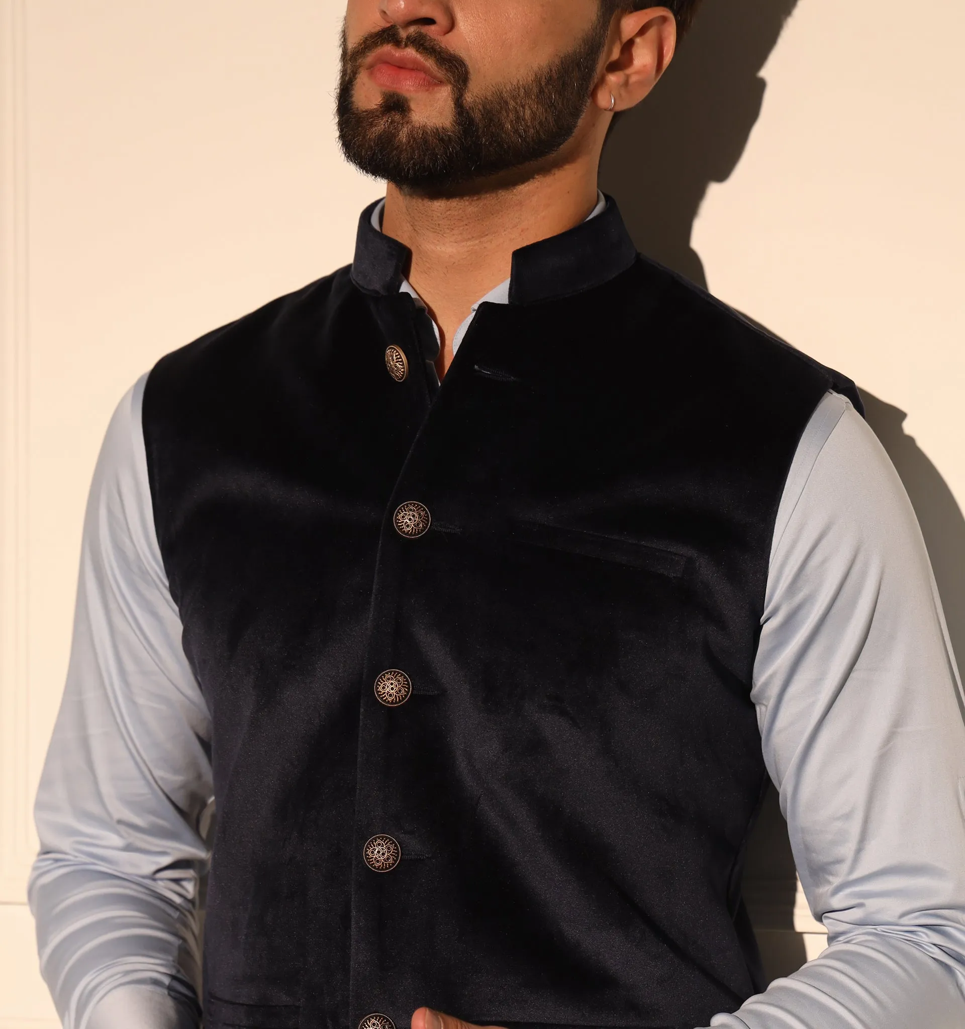 Maurya Navy Blue Velvet Nehru Jacket