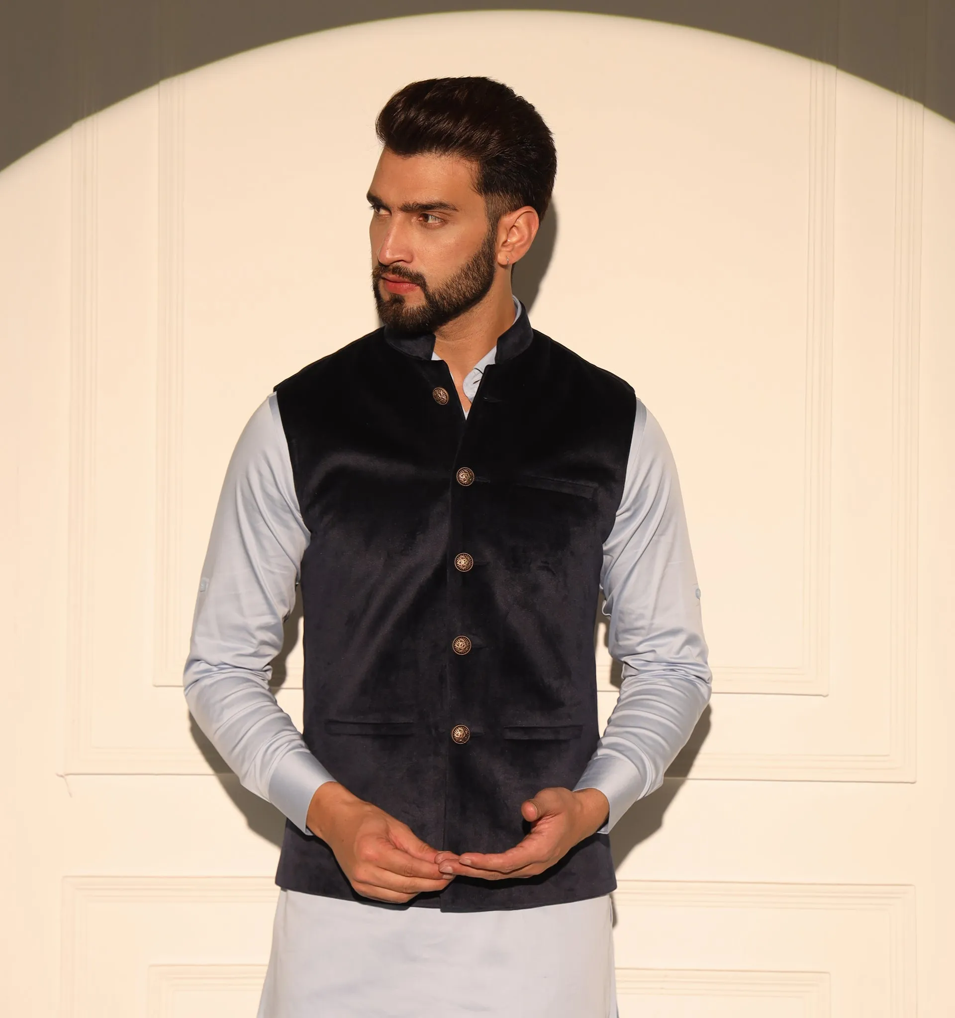 Maurya Navy Blue Velvet Nehru Jacket