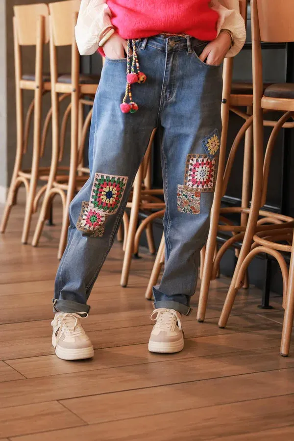 Medium Wash Crochet Squares Straight Leg Jeans