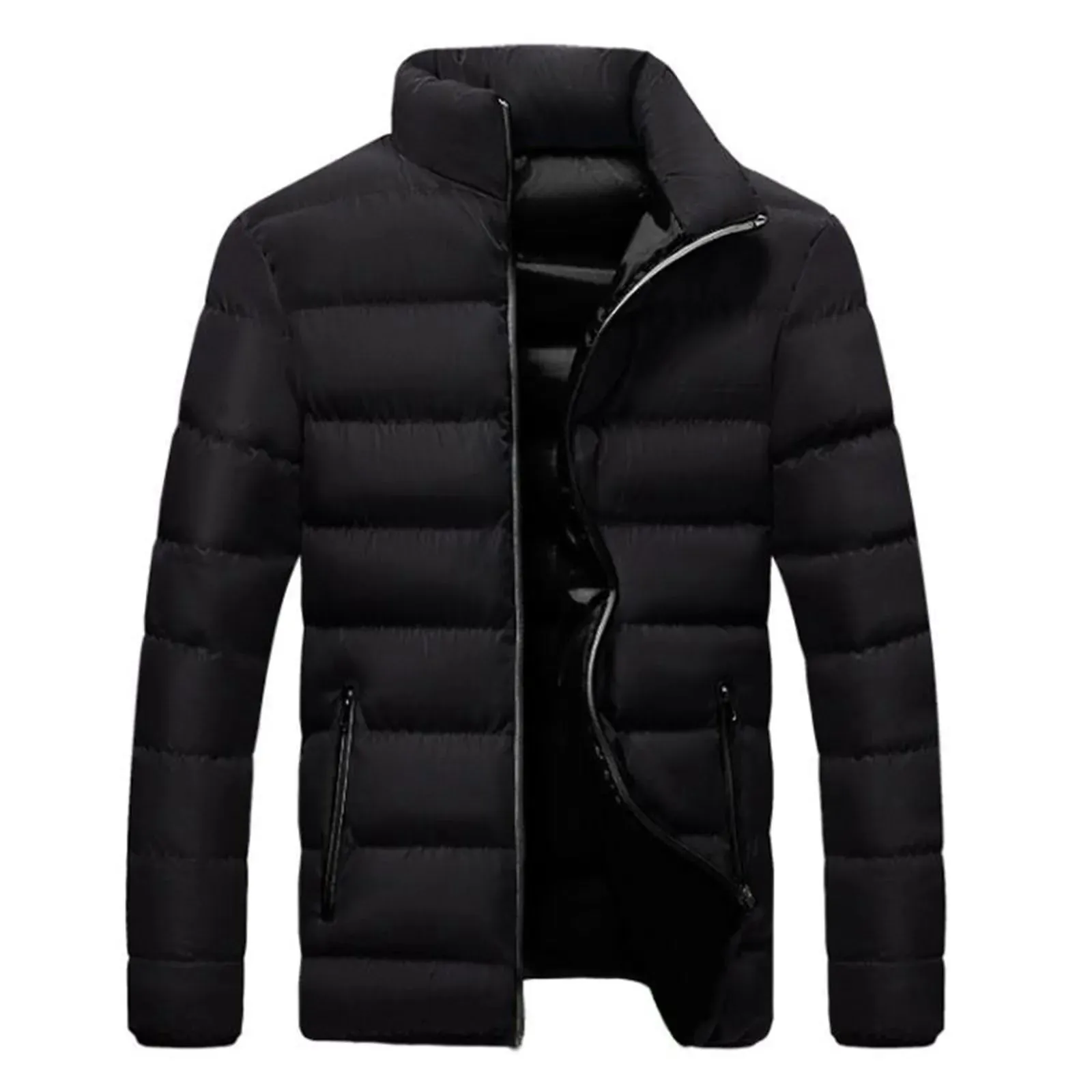 Men's Black Warm Lightweight Down Jacket – Winter Zipper Stand Collar Slim Fit Cotton-Padded Coat