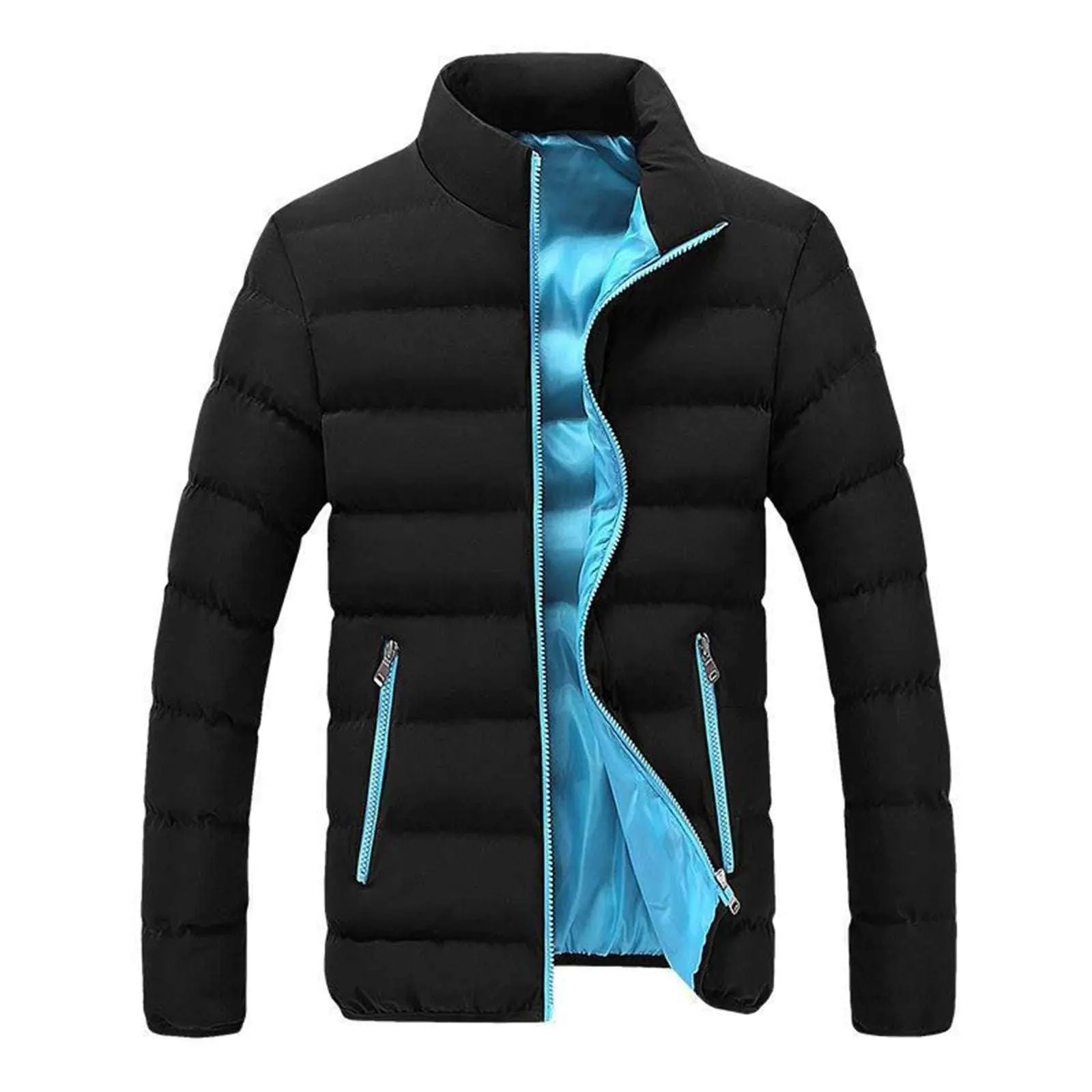 Men's Black Warm Lightweight Down Jacket – Winter Zipper Stand Collar Slim Fit Cotton-Padded Coat
