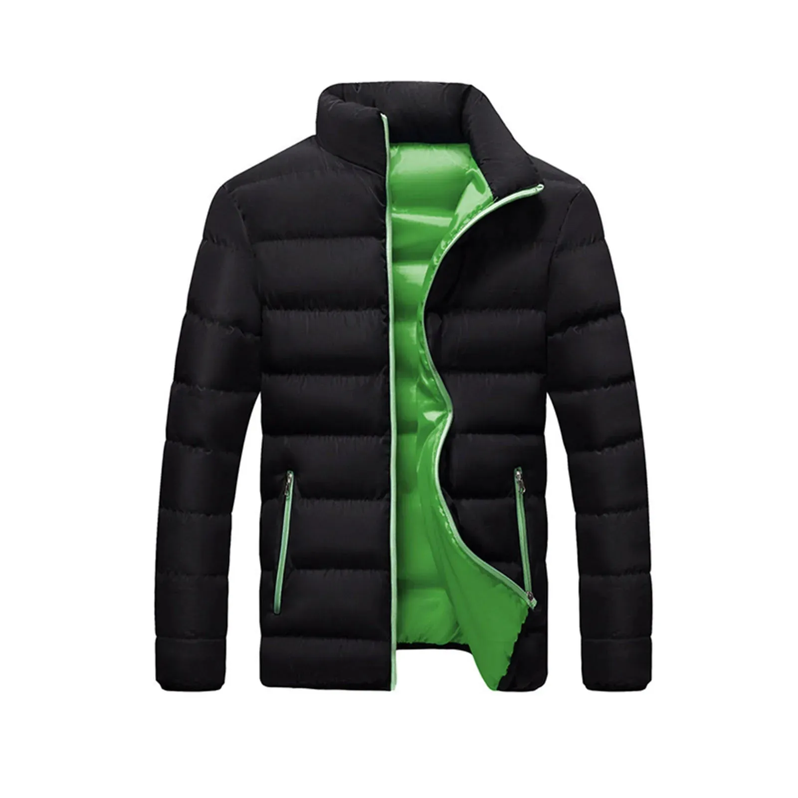 Men's Black Warm Lightweight Down Jacket – Winter Zipper Stand Collar Slim Fit Cotton-Padded Coat