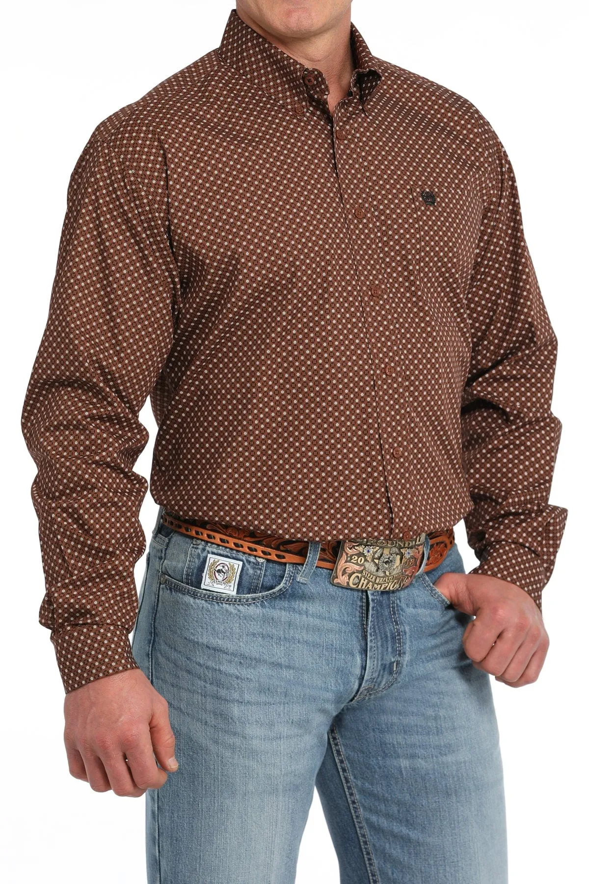 MENS BROWN PRINT LONG SLEEVE SHIRT