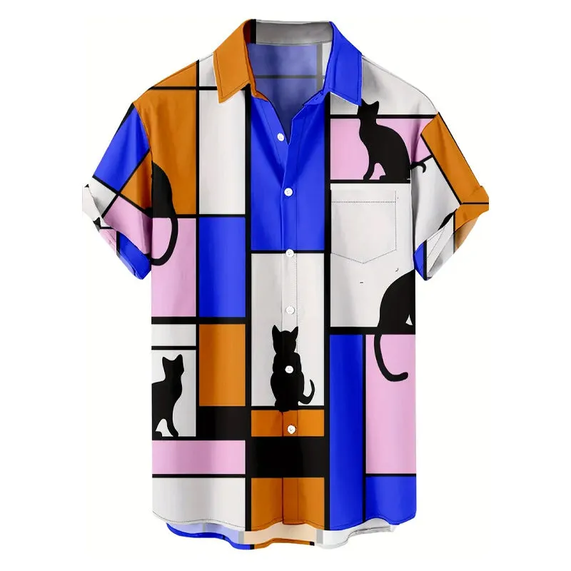 Men's Color Block Cat Print Pocket Shirt 2405001962