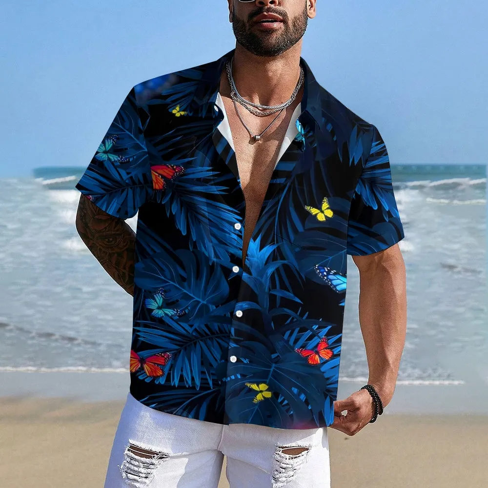 Men's Hawaiian Butterfly Floral Print Short Sleeve Shirt 2412000431