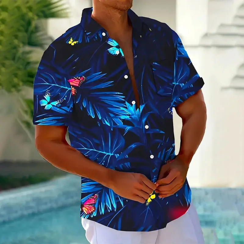 Men's Hawaiian Butterfly Floral Print Short Sleeve Shirt 2412000431