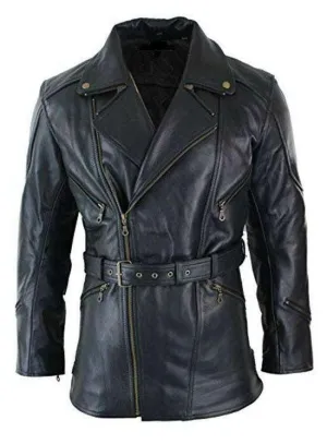 Men's Leather Coat with adjustable belt and cross zip. Short leather jackets for mens