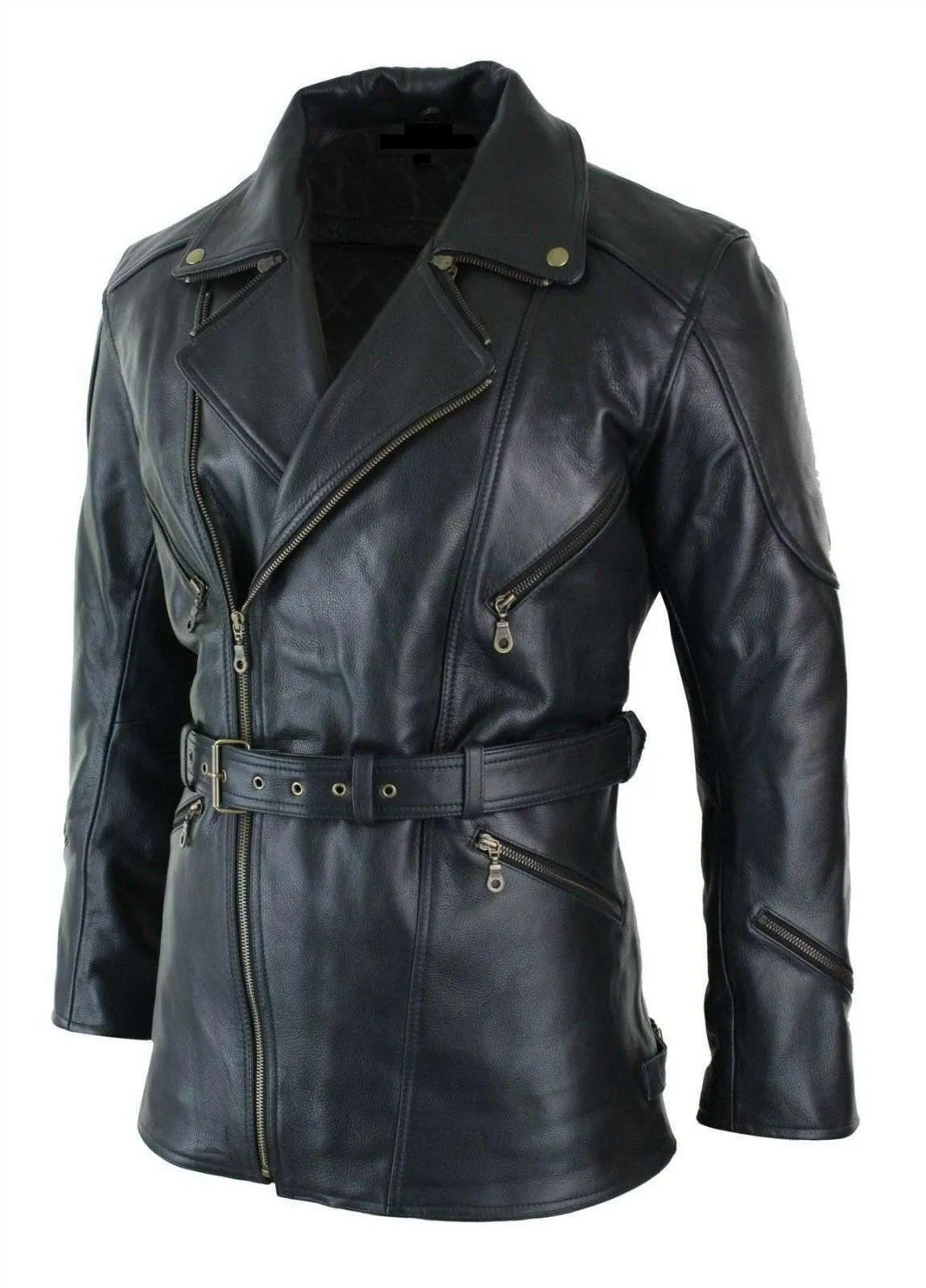 Men's Leather Coat with adjustable belt and cross zip. Short leather jackets for mens